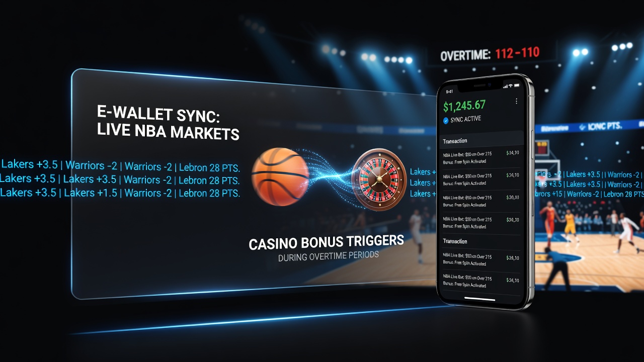E-wallet interface displaying synchronized NBA overtime betting markets and casino bonus activations