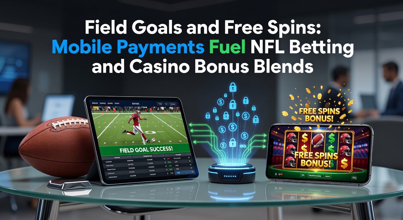 A dynamic split-image showing an NFL field goal attempt alongside a casino slot machine spinning free games, with mobile payment icons overlayed for seamless betting integration