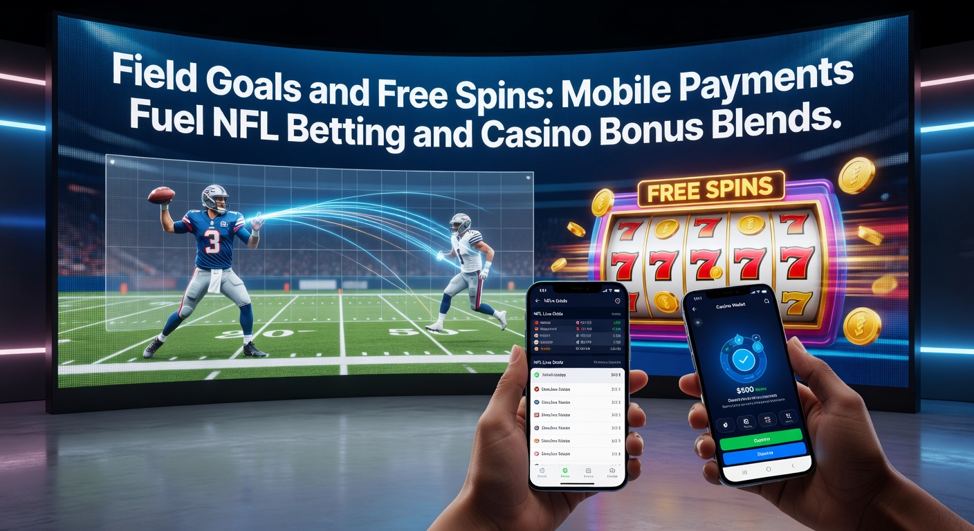 Illustration of a smartphone screen displaying an NFL live bet alongside active casino free spins, with mobile payment confirmation popping up in real-time