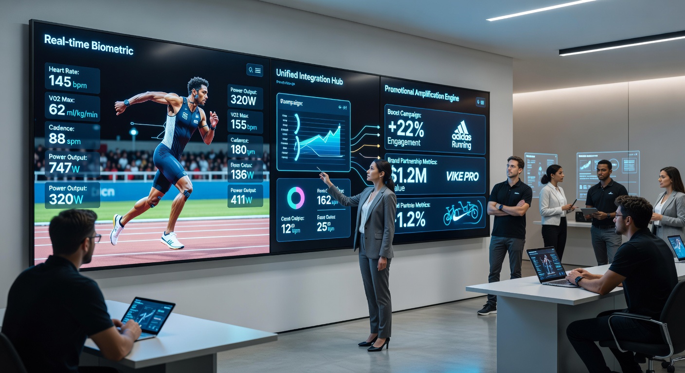 Athletes on field with overlaid data streams feeding into casino promotion dashboards via unified digital systems