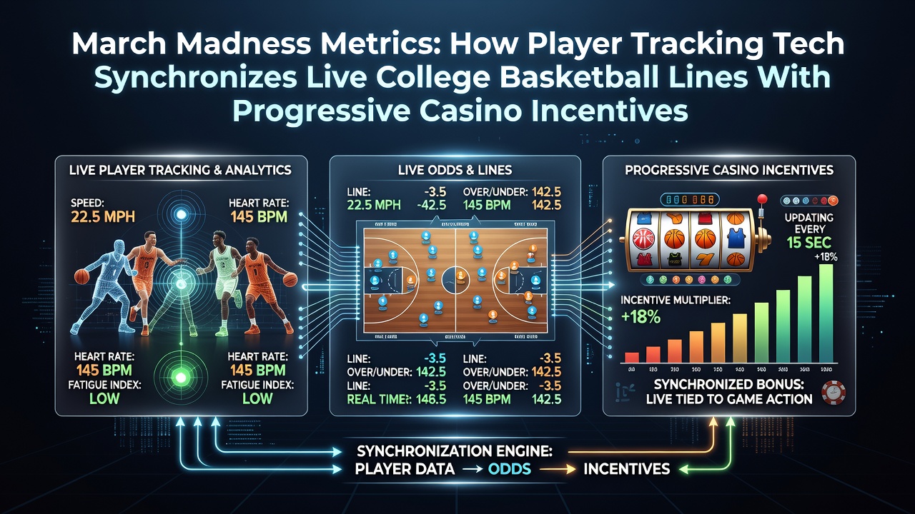 Player tracking technology overlay on a college basketball court during March Madness action