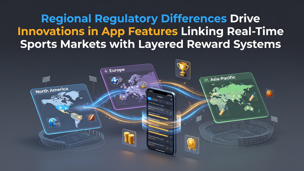 Illustration showing global map with regulatory icons overlaying sports betting app interfaces and reward system layers