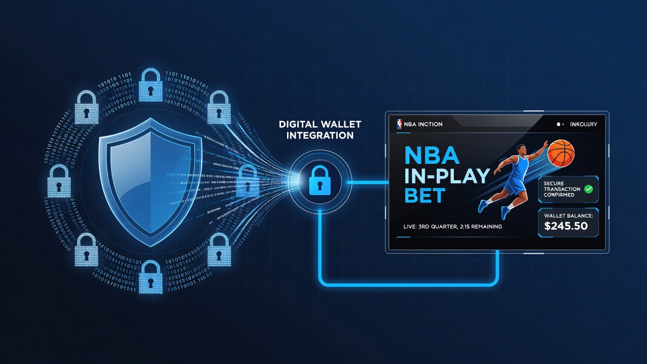Diagram showing secure data flow between NBA live betting interfaces and casino reward systems via protected digital wallets