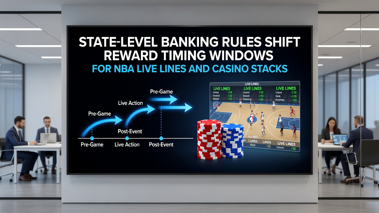 State regulatory documents and banking policy charts spread across a desk with NBA betting interface elements visible on a nearby screen