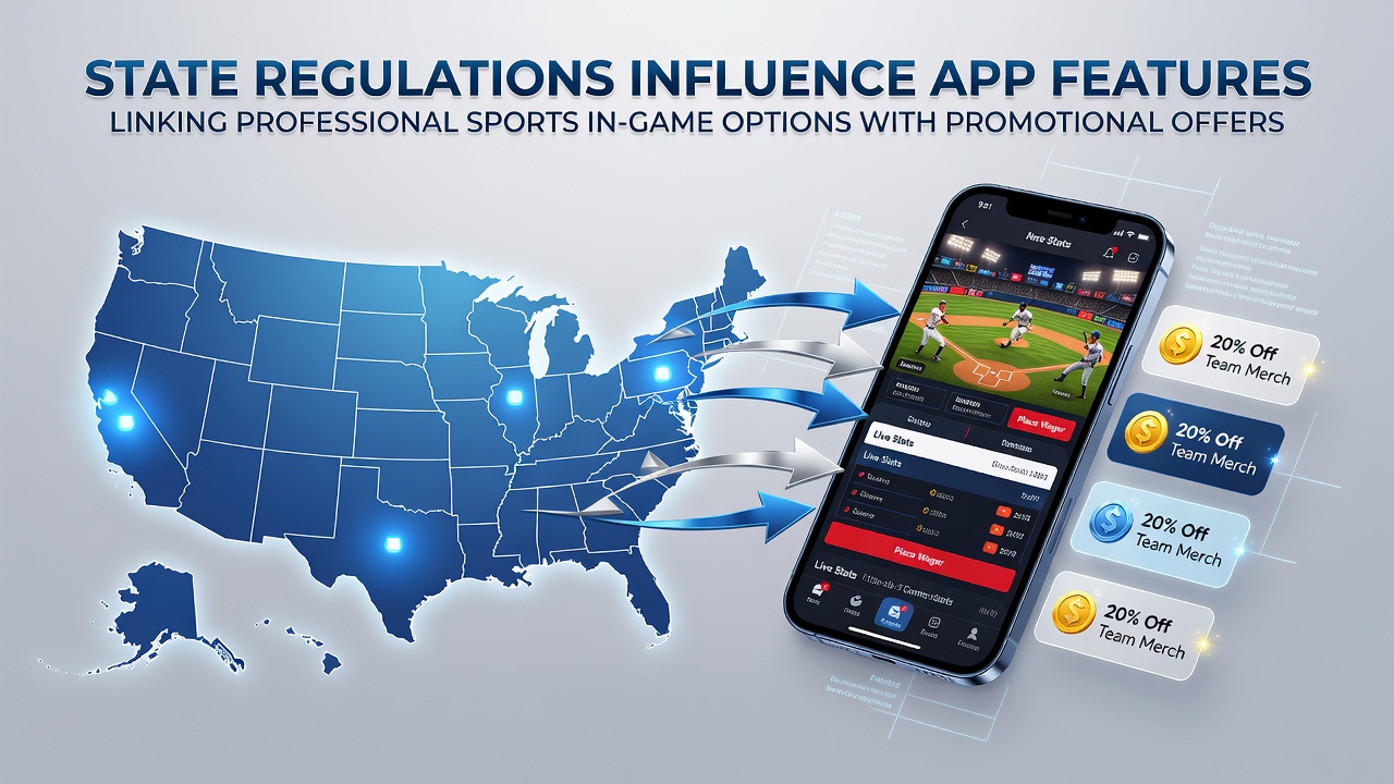 Illustration of mobile app interfaces showing state-specific sports betting integrations with promotional offers