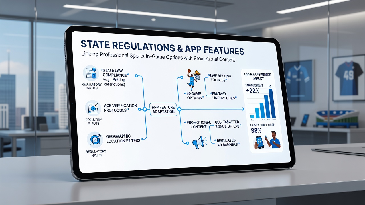 Diagram depicting regulatory influences on app features connecting sports in-game options to promotions